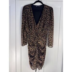 ZARA Leopard Print Ruched Dress S Sheer Long Sleeve V Neck Bodycon Mini Cocktail